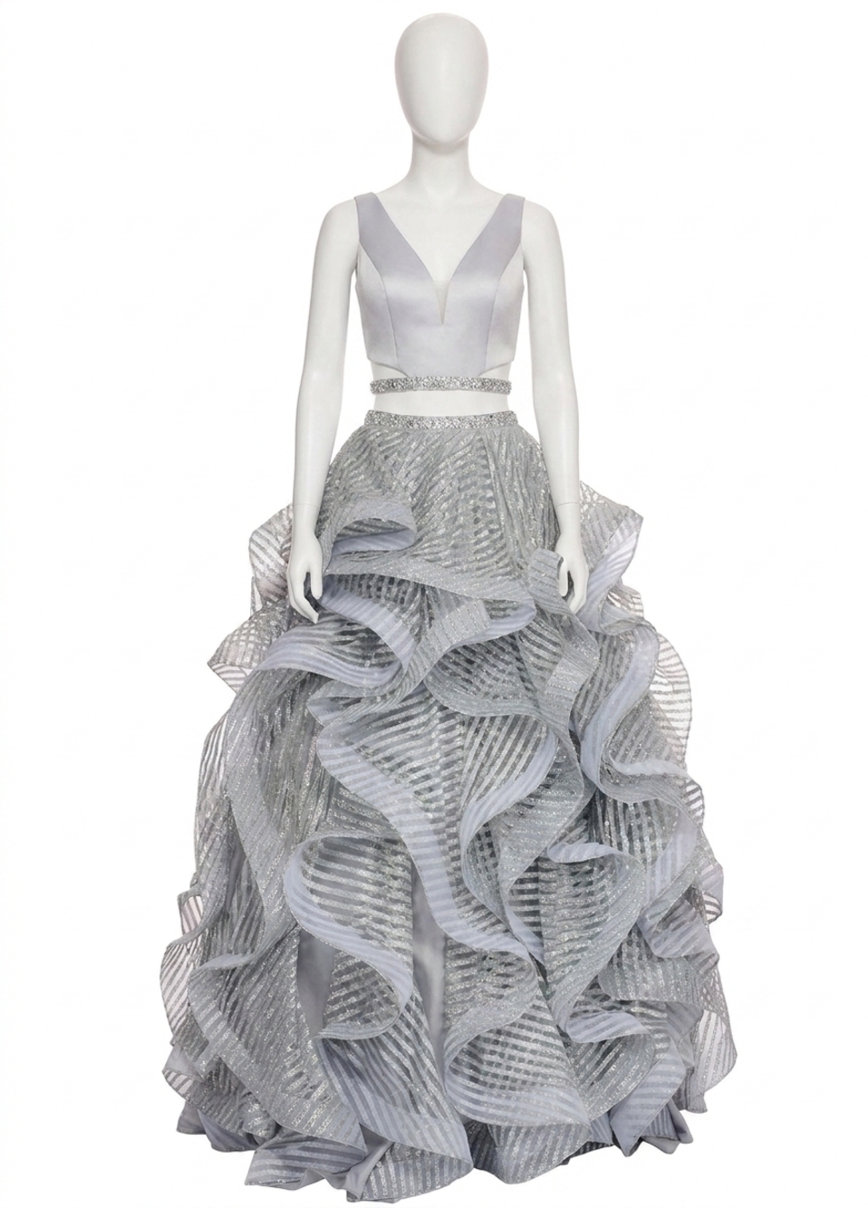 NEW RACHEL ALLAN two-piece matte satin ruffled gown in silver